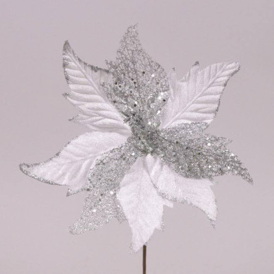 Квітка новорічна Пуансетія біло-срібна 75345