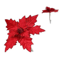 Цветок новогодний Пуансетия на прищепке красный 12667