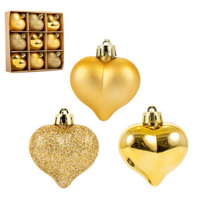 Набор пластиковых золотых новогодних украшений Сердечка 9 шт. D-4.5 см. 43037