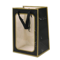 Бумажная черно-золотая сумочка для цветов с прозрачным пластиковым окошком (12 шт.) 39185