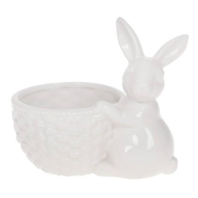 Кашпо керамическое Кролик с корзиной белое 14 см. 33416