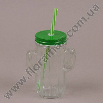 Чашка-банка Кактус с трубкой зеленая 0,4 л. 35030